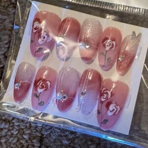 Press On Nails Rose Pink Floral Rhinestone Accent‎ Fake Nail Set